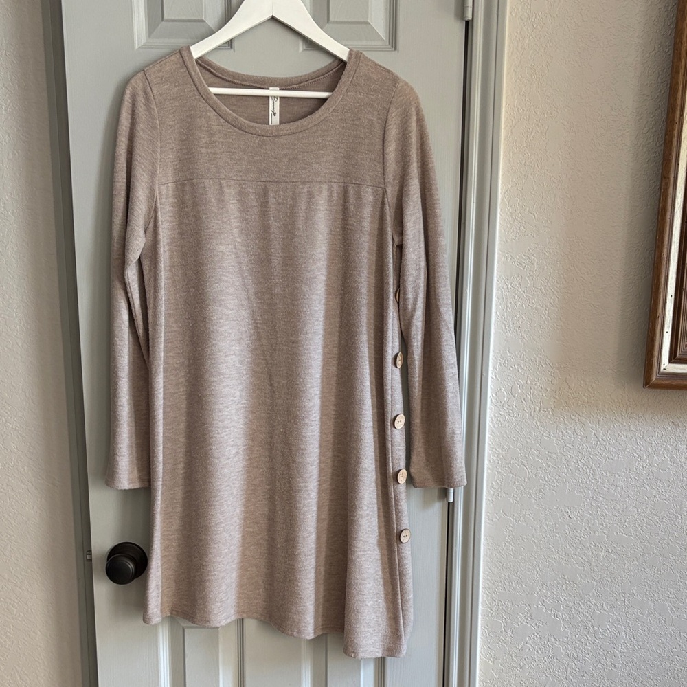 Beige Long Sleeve Tunic with Button Detail